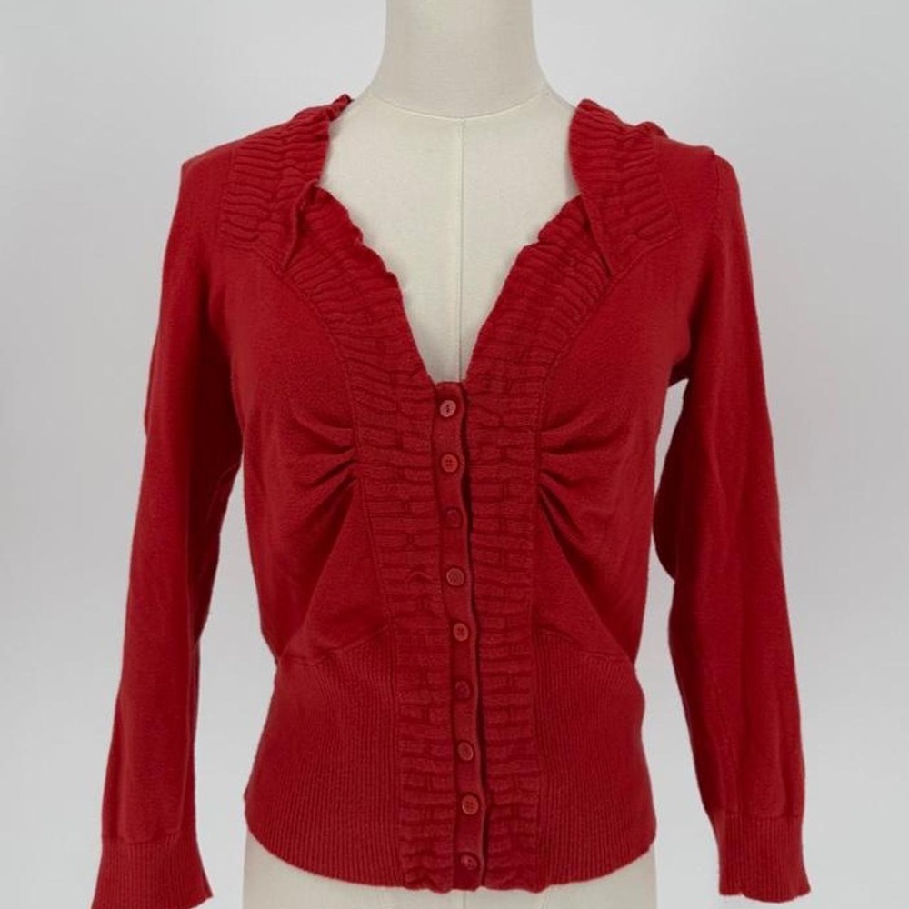 Rosie Neutra Red Ruched Button Up Cardigan V-Neck Knit Top Large